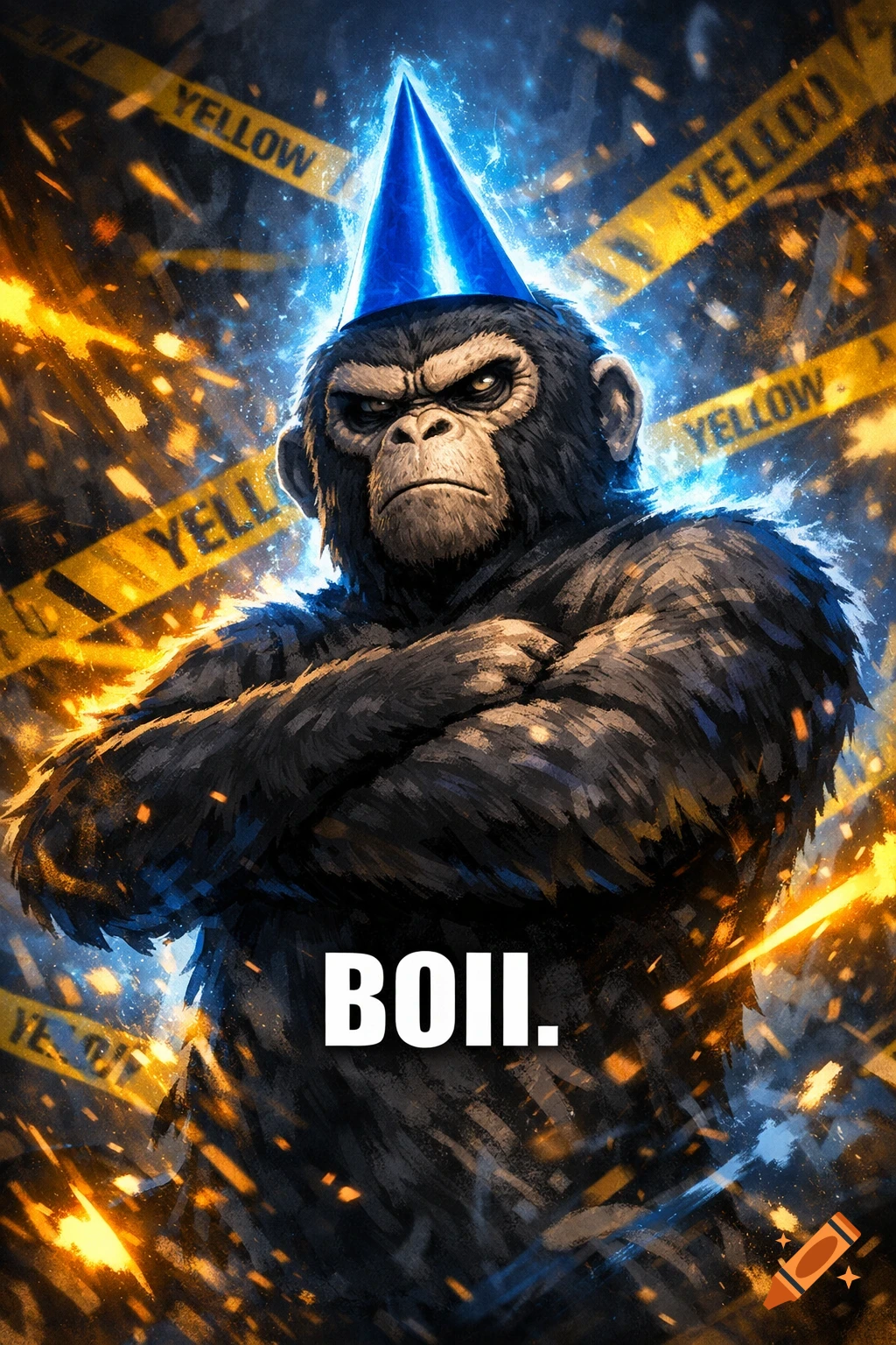 An angry, muscular ape in a blue party hat with a glowing aura, yellow caution tape, and the text 'BOII.' on its chest, in a graphic illustration style.