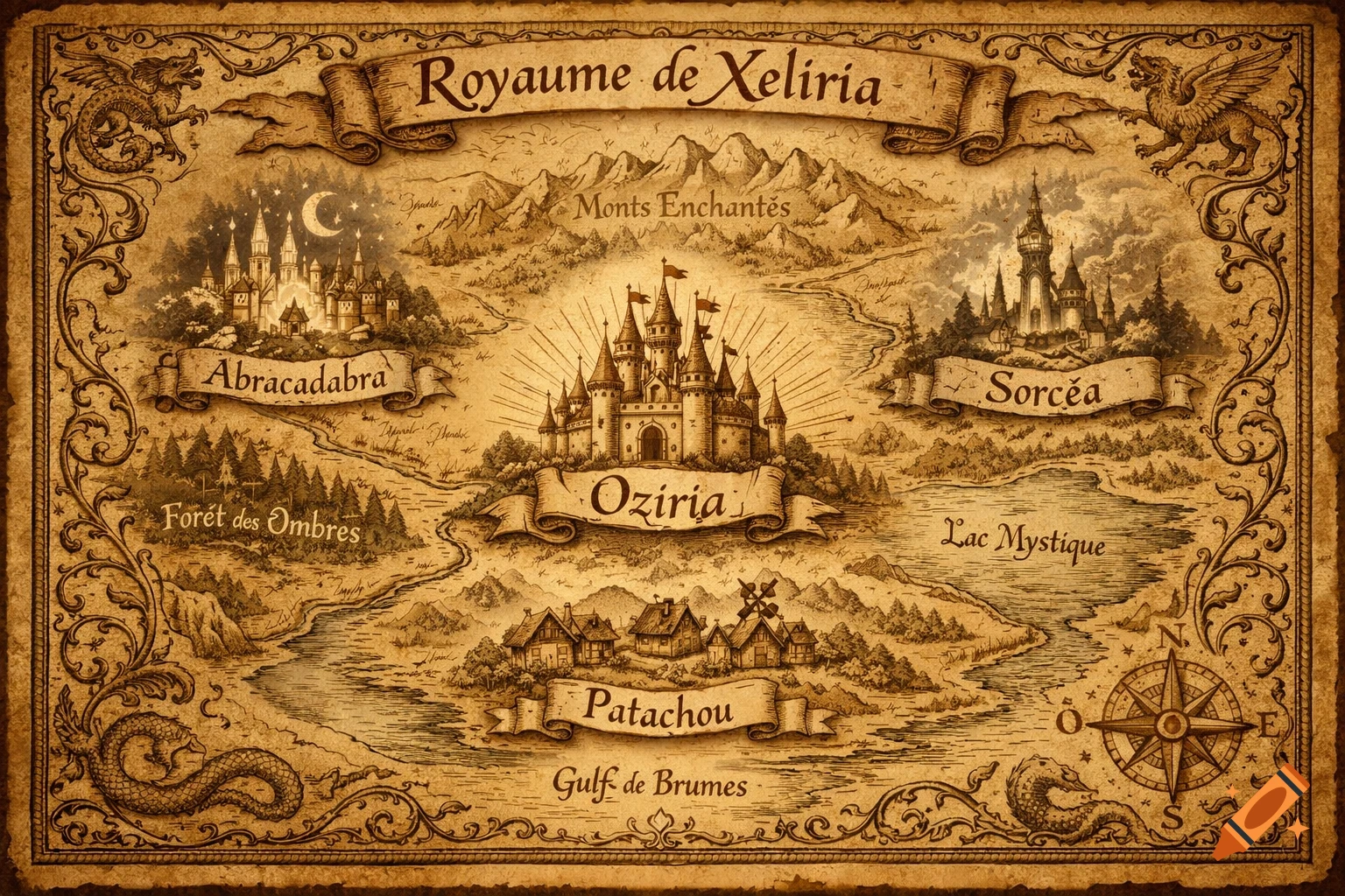 A vintage-style fantasy map of the 'Royaume de Xeliria' with detailed castles, mountains, forests, and mythical creatures, in sepia tones.