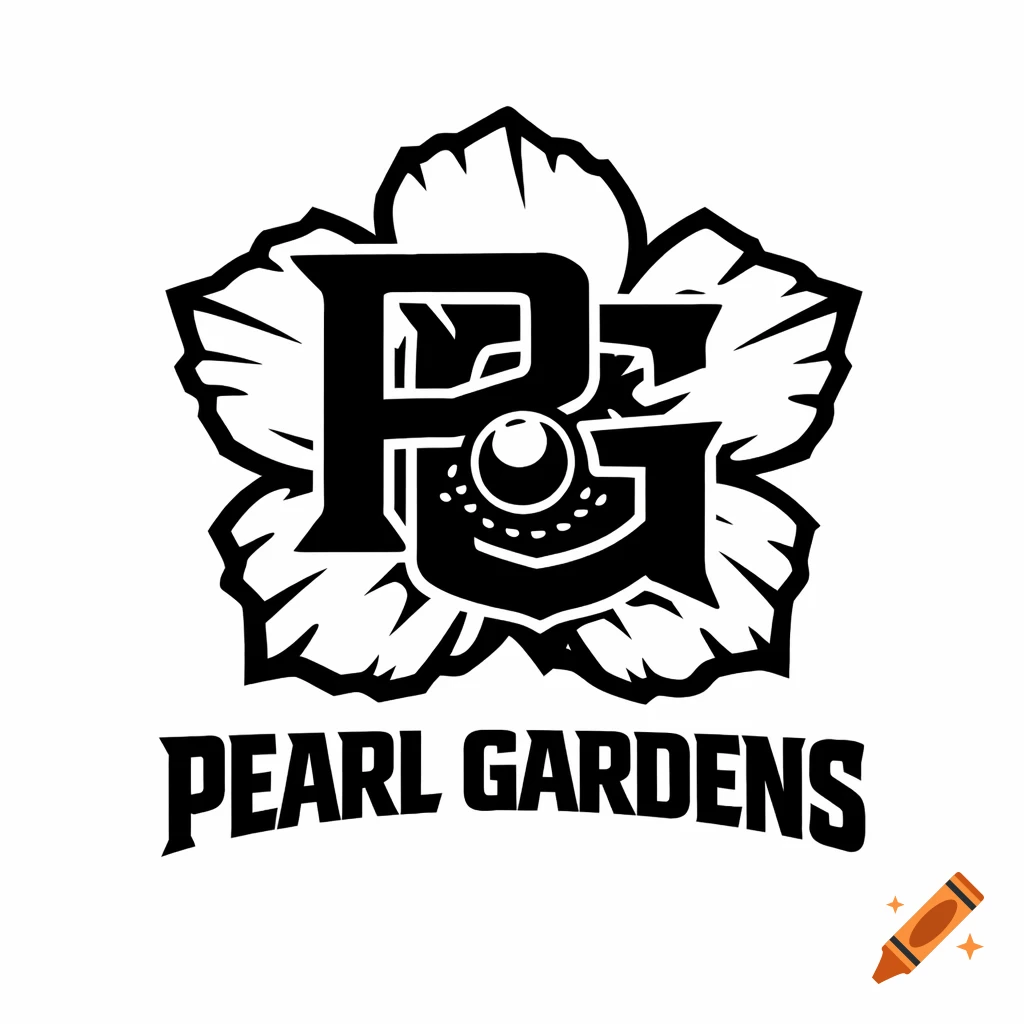 Black and white vector logo for Pearl Gardens, featuring interlocked letters PG inside a Cistus flower outline with a pearl.