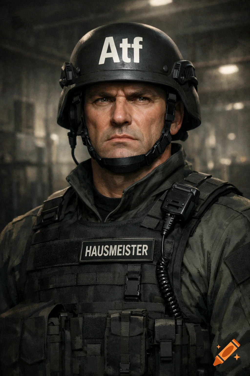 Photorealistic portrait of a serious man in tactical gear with 'Atf' on his helmet and 'HAUSMEISTER' on his vest.