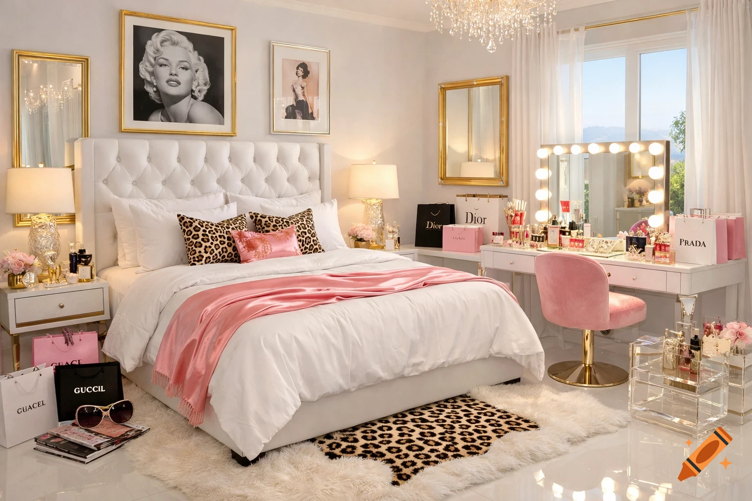 A luxurious bedroom with a white tufted bed, pink throw, leopard print pillows and rug, and a glam vanity with a light-up mirror.