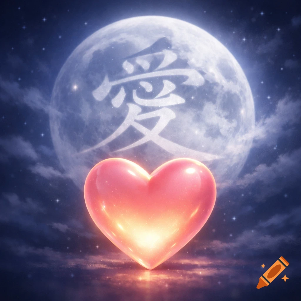 A glowing pink heart in front of a full moon with the Chinese character for 'love' (愛) against a starry night sky.
