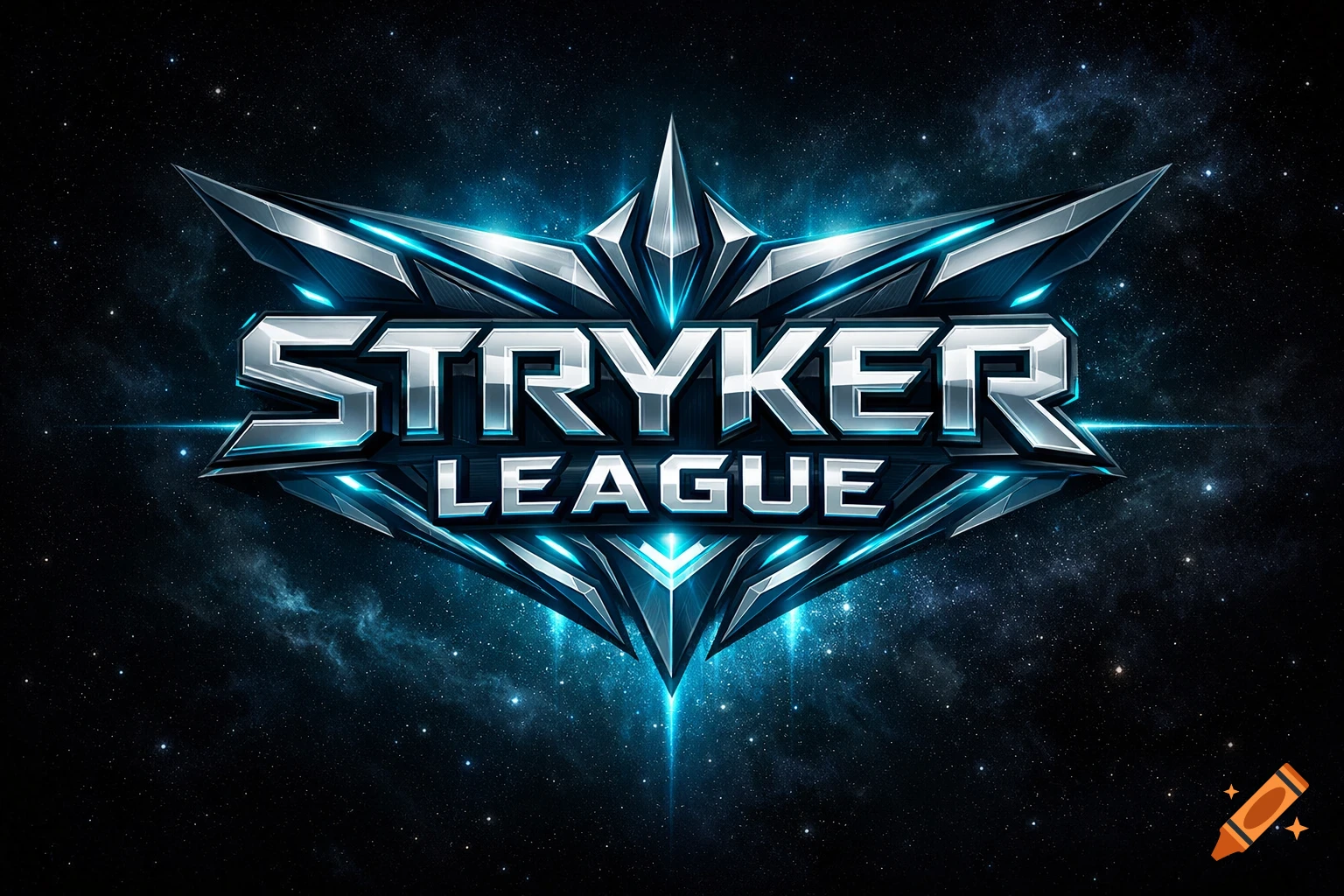 Metallic silver and blue sci-fi logo for 'STRYKER LEAGUE' against a dark, star-filled space background.