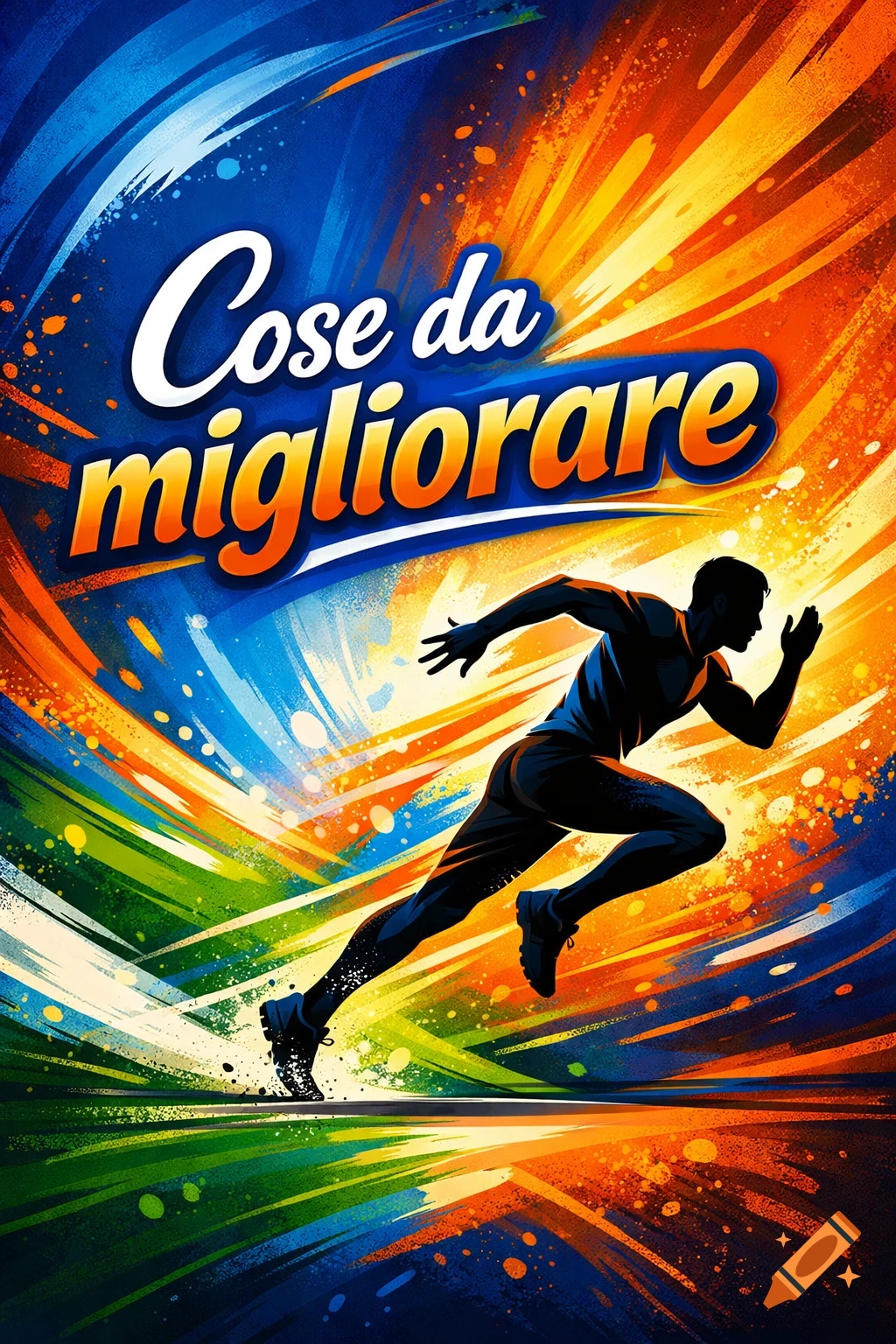Energetic sports cover with a silhouette of a runner against a dynamic, colorful abstract background. Text reads 'Cose da migliorare'.