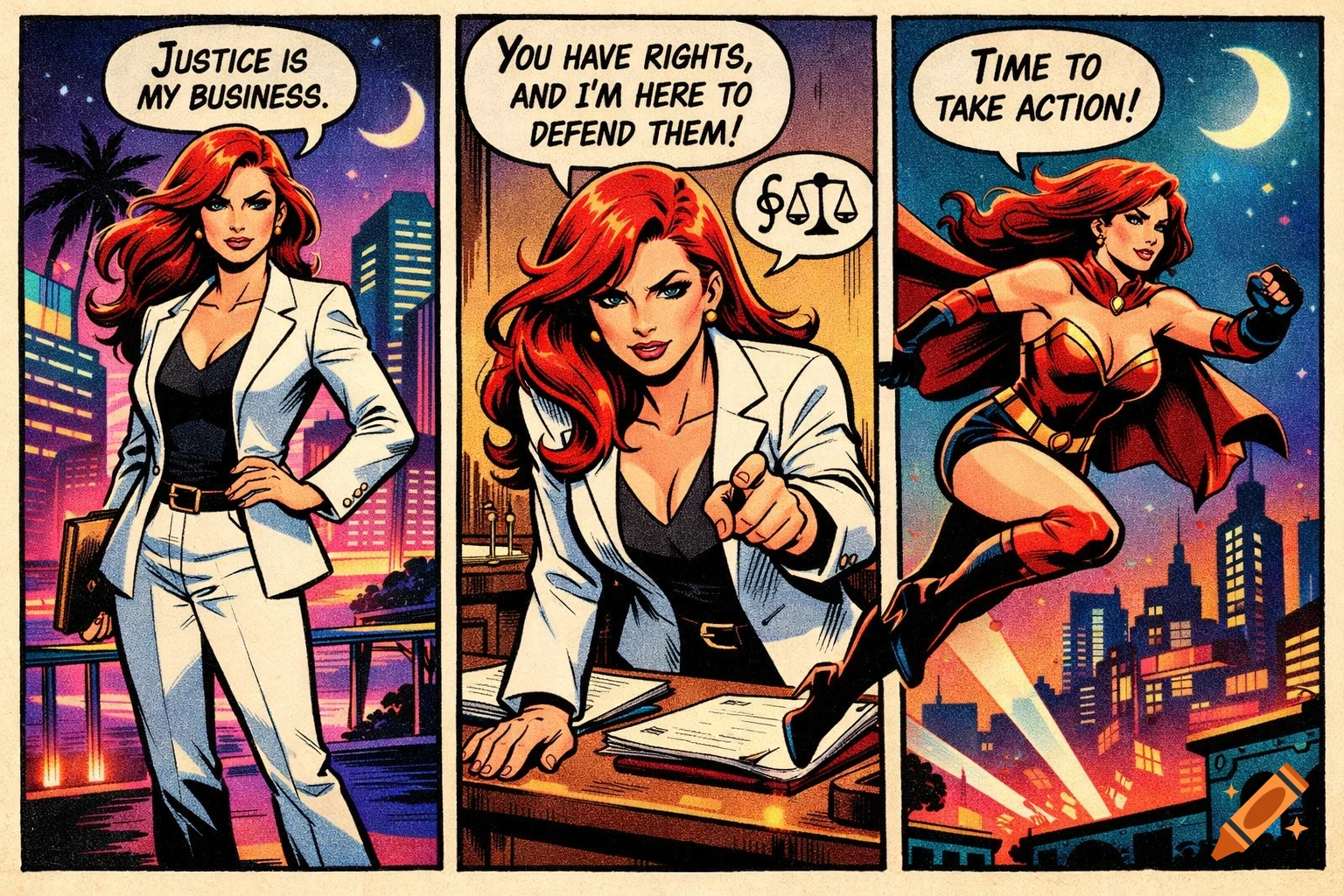 Three-panel 80s comic strip of a red-haired female superhero lawyer in a suit and costume against a night city.