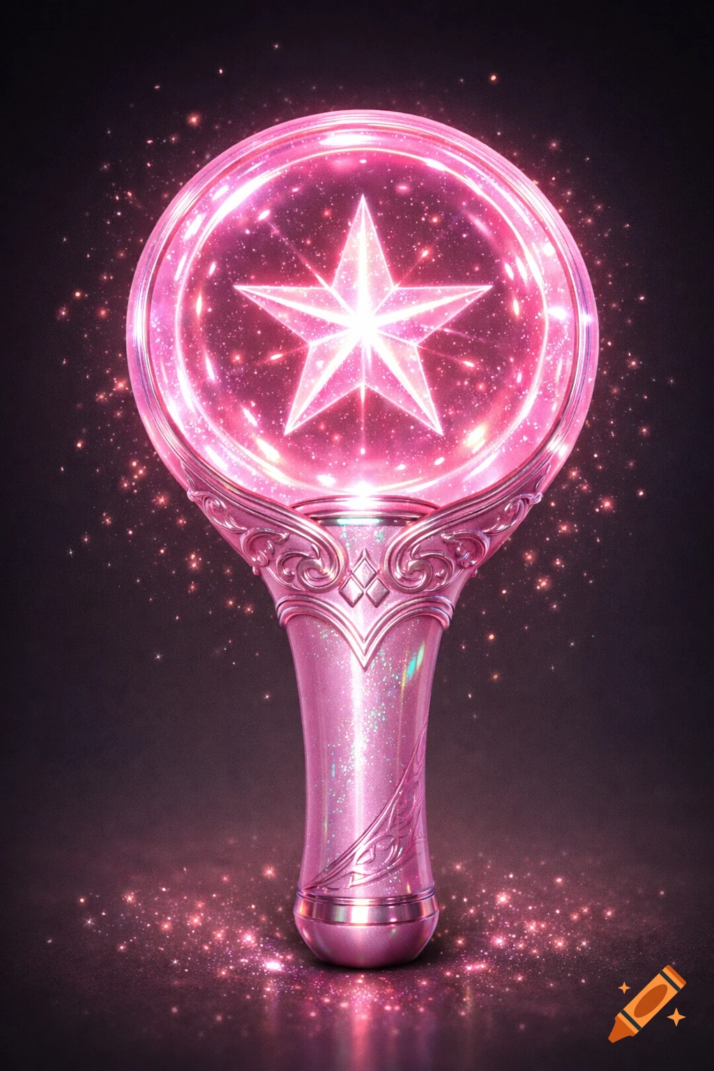 A vibrant pink, ornate lightstick with a glowing star in its circular top, surrounded by sparkling glitter on a dark background.
