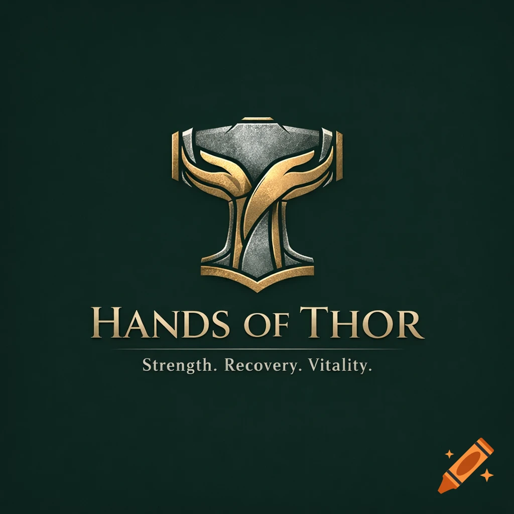 A gold and silver logo featuring two hands forming the head of Thor's hammer Mjolnir, with 'Hands of Thor' and 'Strength. Recovery. Vitality.' text on a dark green background.