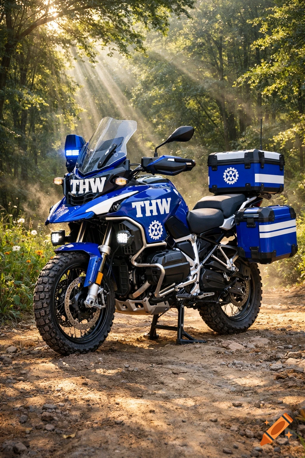 A blue and white THW adventure motorcycle with prominent text on its body, parked on a sunlit dirt road in a forest.