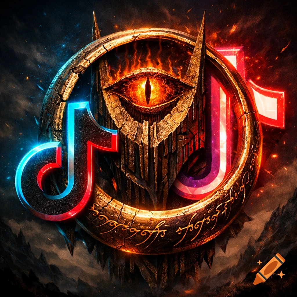 Stylized Lord of the Rings and TikTok logo fusion, featuring Sauron's eye in a glowing ring with Elvish script, against a fiery dark background.