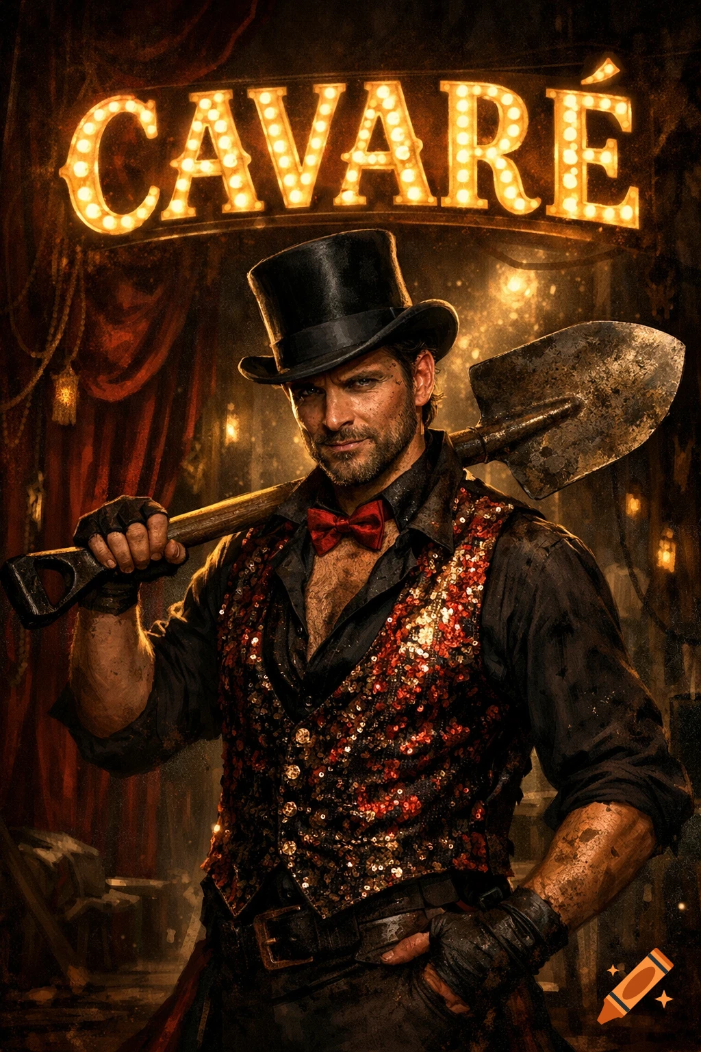 A rugged man in a top hat and sequined vest holds a shovel over his shoulder, standing under a glowing 'CAVARÉ' sign.