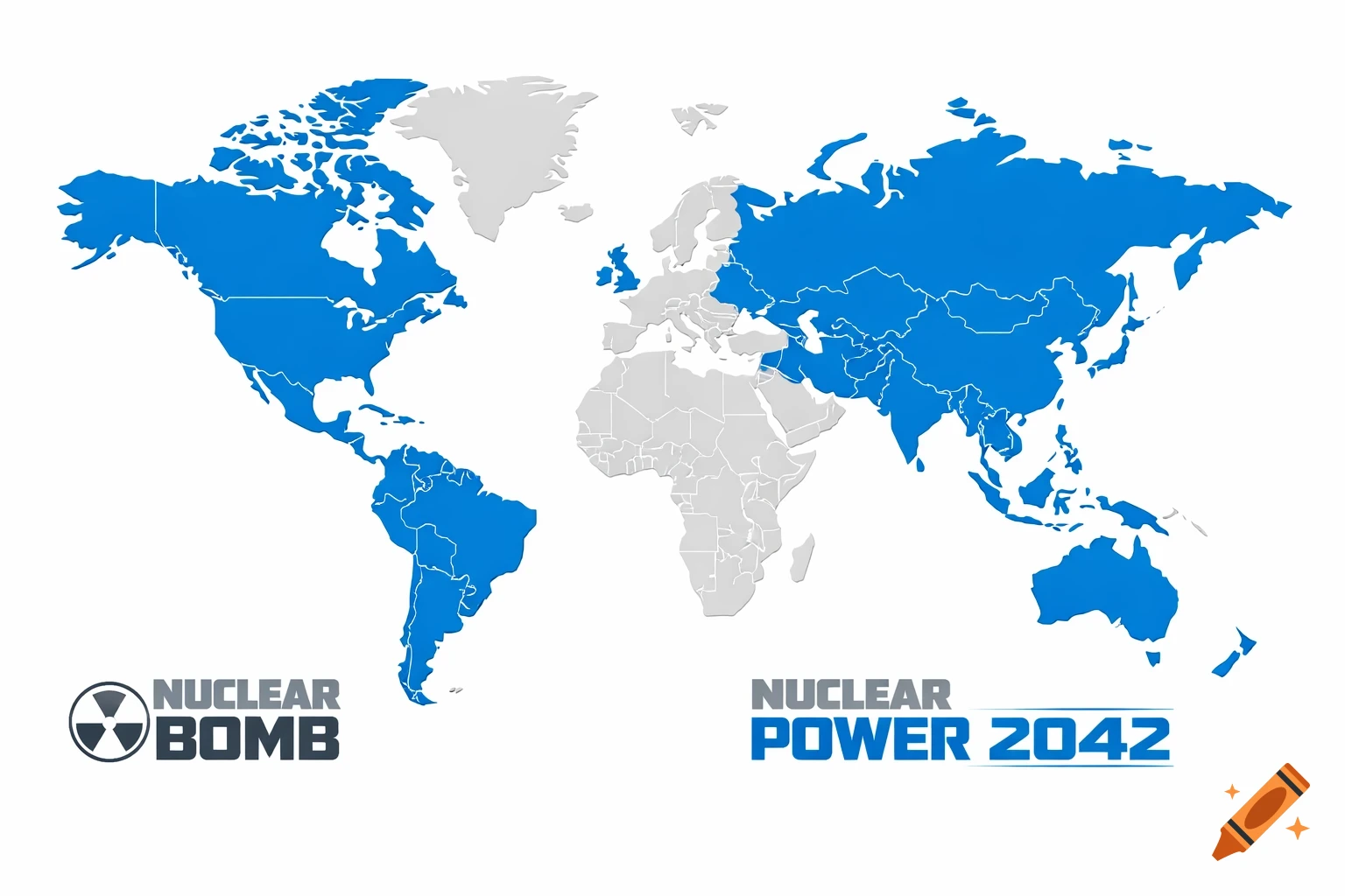 A world map with various countries highlighted in blue. Text "NUCLEAR BOMB" with a nuclear symbol and "NUCLEAR POWER 2042" are at the bottom.