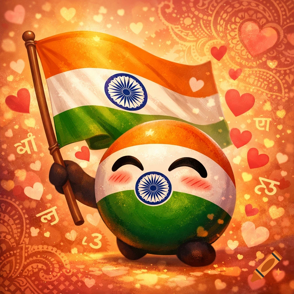 A cute, smiling countryball in Indian flag colors holds a waving Indian flag, surrounded by hearts and glowing patterns.