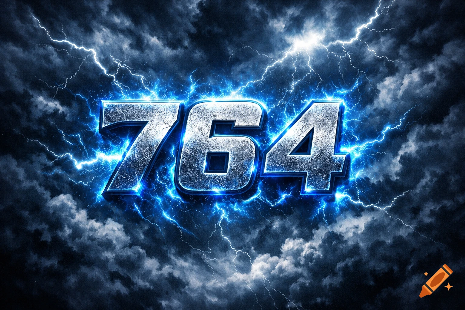 Metallic numbers 764 glowing blue, against a dark stormy sky with bright blue lightning bolts.