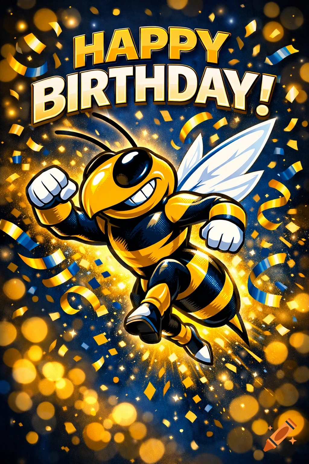 A celebratory cartoon bee mascot with wings, surrounded by gold and blue confetti and 'HAPPY BIRTHDAY!' text.