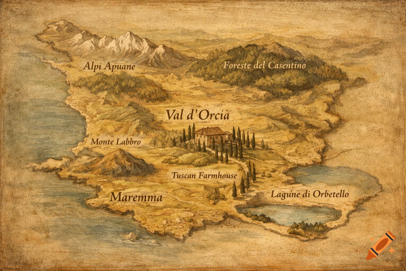 An antique-style relief map of Tuscany in the style of Renaissance painting, highlighting regions like Alpi Apuane, Val d'Orcia with a farmhouse, and Lagune di Orbetello.