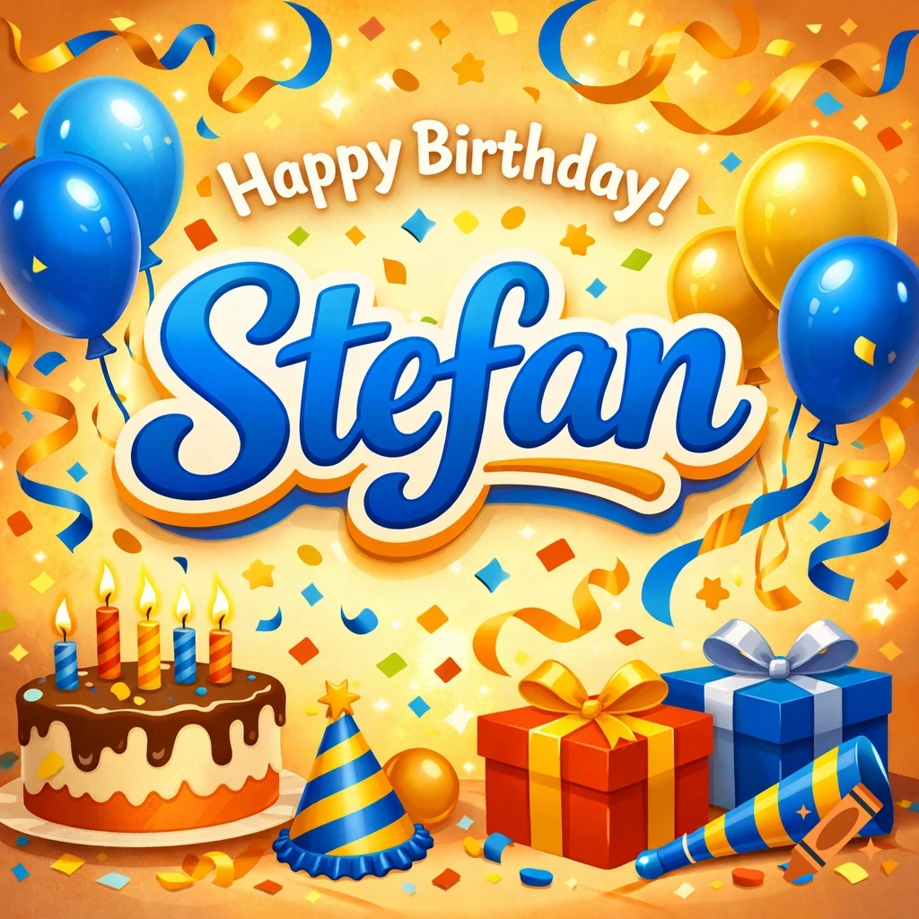 A vibrant birthday card with blue and yellow balloons, colorful confetti, a chocolate cake with candles, gifts, and a party hat, featuring the text 'Happy Birthday! Stefan'.