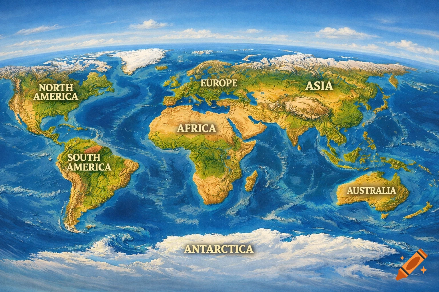 A detailed, vibrant, panoramic illustrative world map showing continents and oceans with topographic shading, in the style of Heinrich Berann.