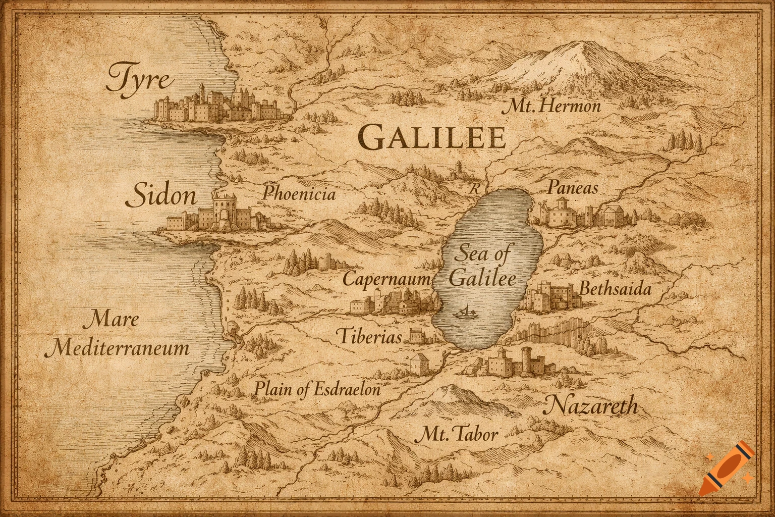 An antique parchment map of Galilee, Tyre, and Sidon with historical labels and soft earth tones.