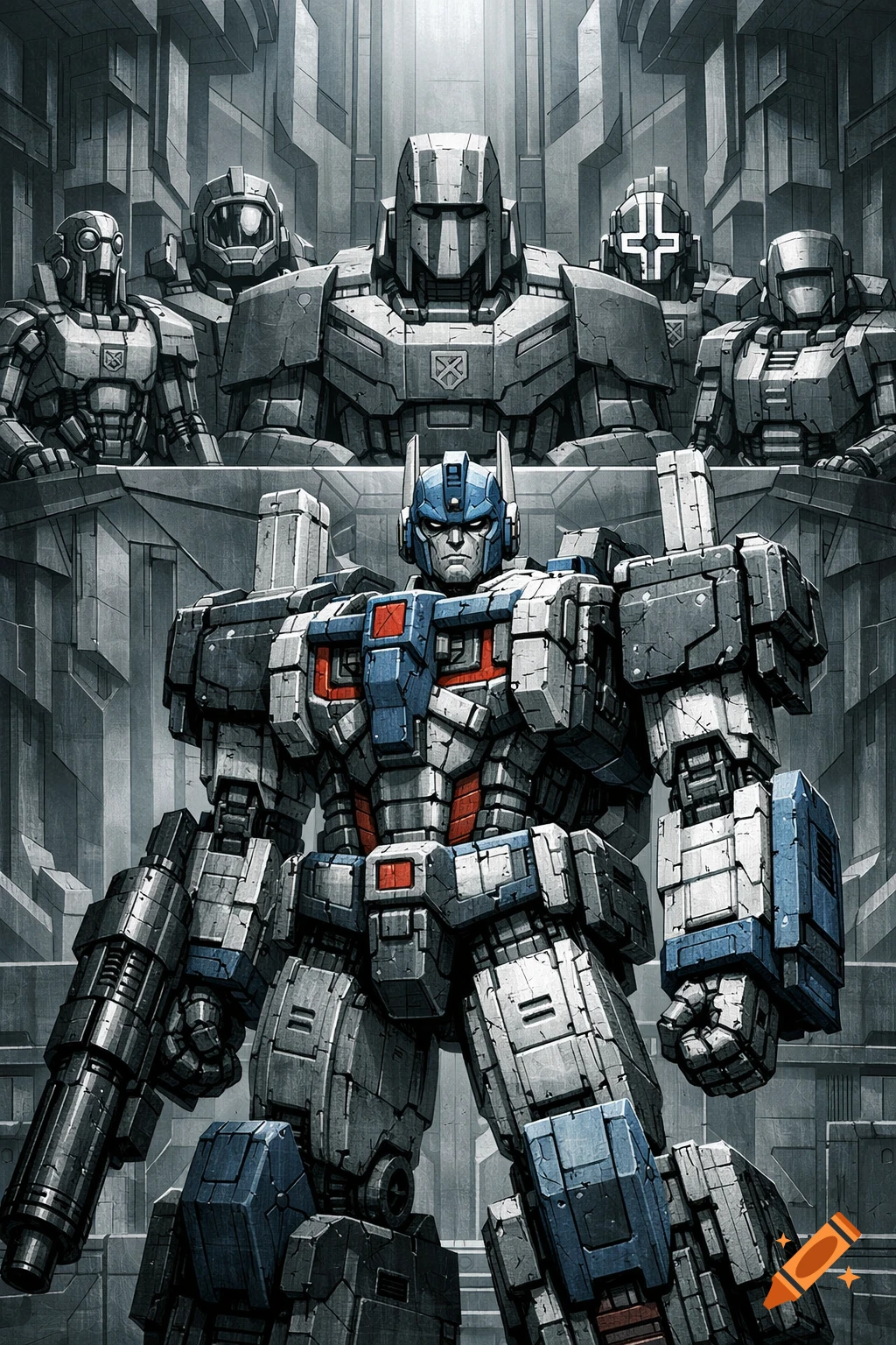 Detailed digital art of Ultra Magnus, a blue and white robot, with other grey robots in a sci-fi, industrial setting.