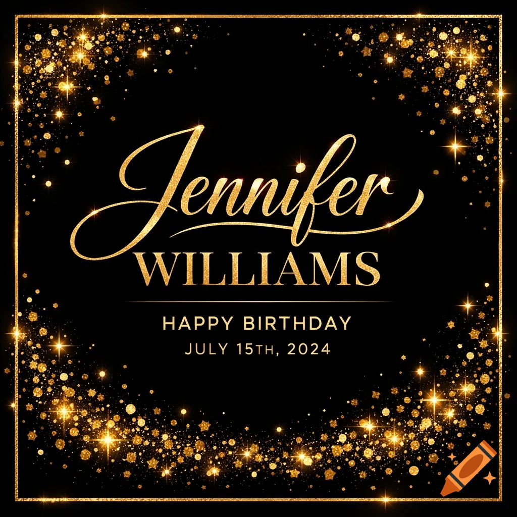 Elegant black and gold birthday card for Jennifer Williams with sparkling confetti.