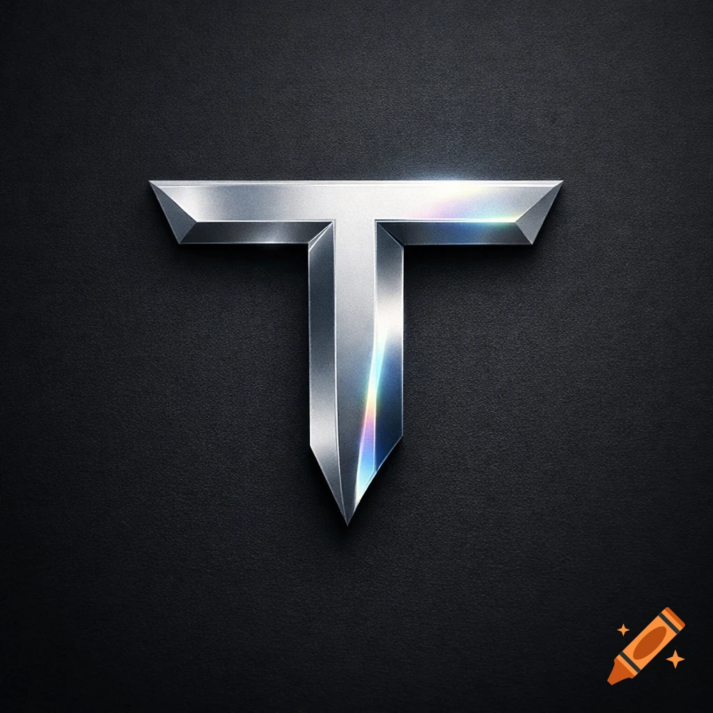 A sleek, metallic 3D letter 'T' with iridescent reflections on a dark, textured background.
