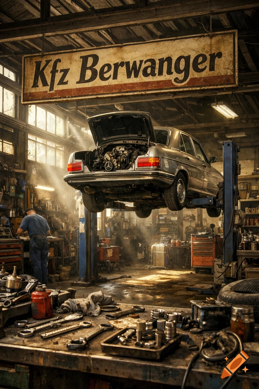 A photorealistic car workshop with a classic car on a lift, a mechanic working, and tools on a workbench.