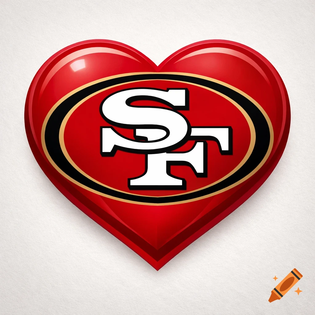 Glossy red heart featuring the San Francisco 49ers 'SF' logo in white and gold.