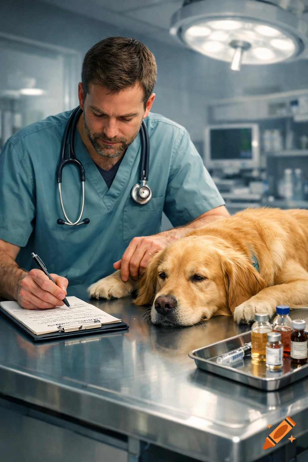 Photorealistic image of a male veterinarian writing on a clipboard next to a golden retriever on an examination table.