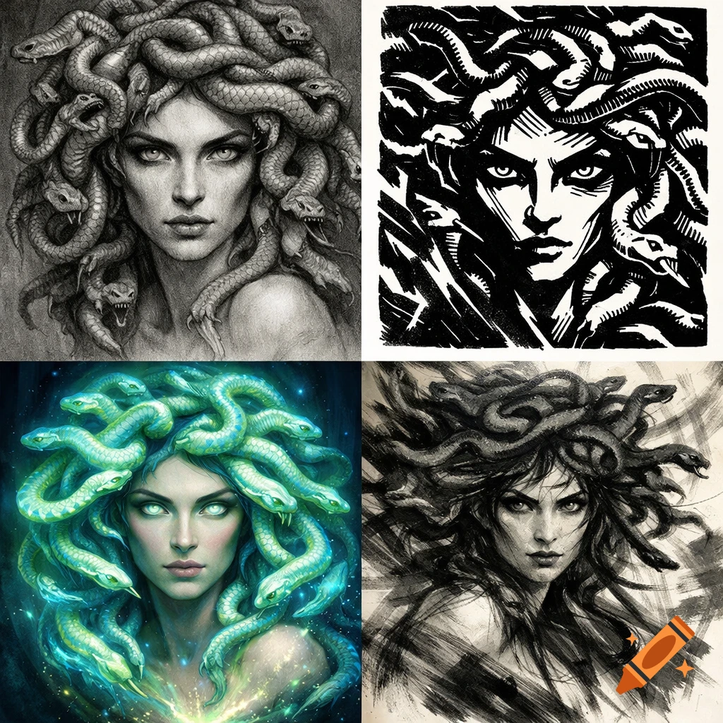 A four-panel grid of Medusa in varied art styles: pencil, black and white linocut, glowing digital painting, and expressive ink sketch.