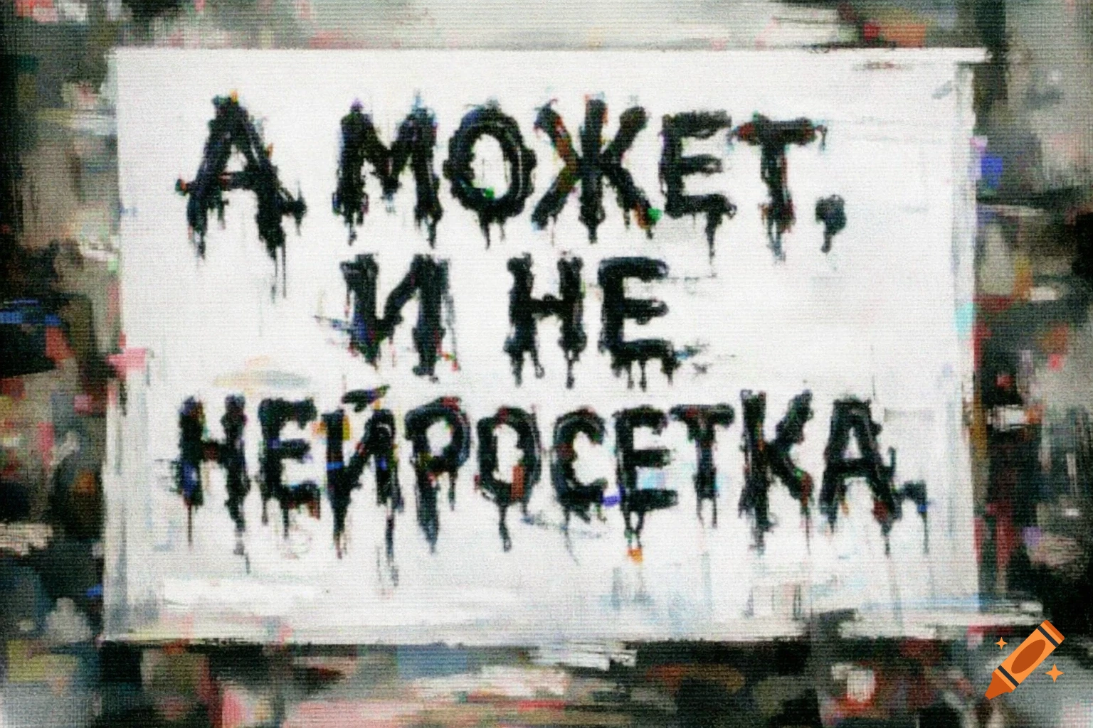 Melted black Cyrillic text reading 'And maybe not a neural network' on a white canvas with a glitchy, early AI generation aesthetic.