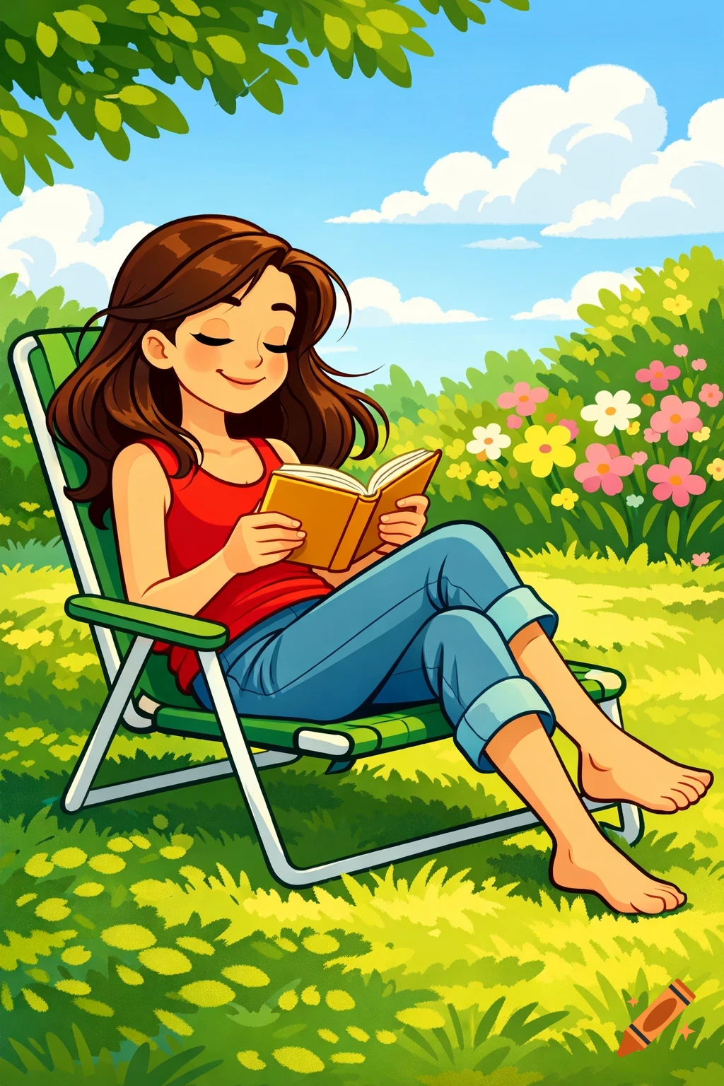 Cartoon woman with brown hair sitting in a green lawn chair, reading a book in a sunny park with flowers.