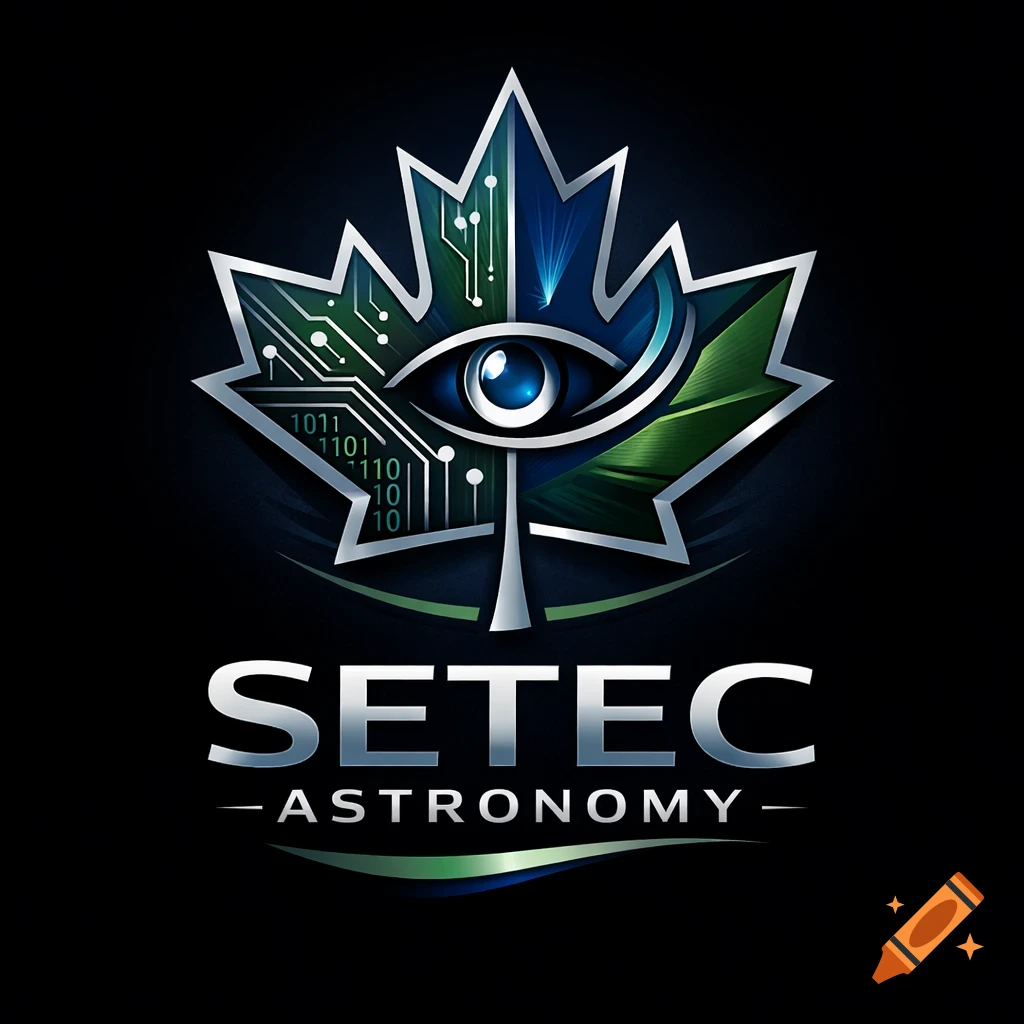 A modern logo featuring a metallic Canadian maple leaf with a blue eye in the center. One side has circuit board lines and binary code, the other is green and textured. Below it, the text reads 'SETEC ASTRONOMY'.
