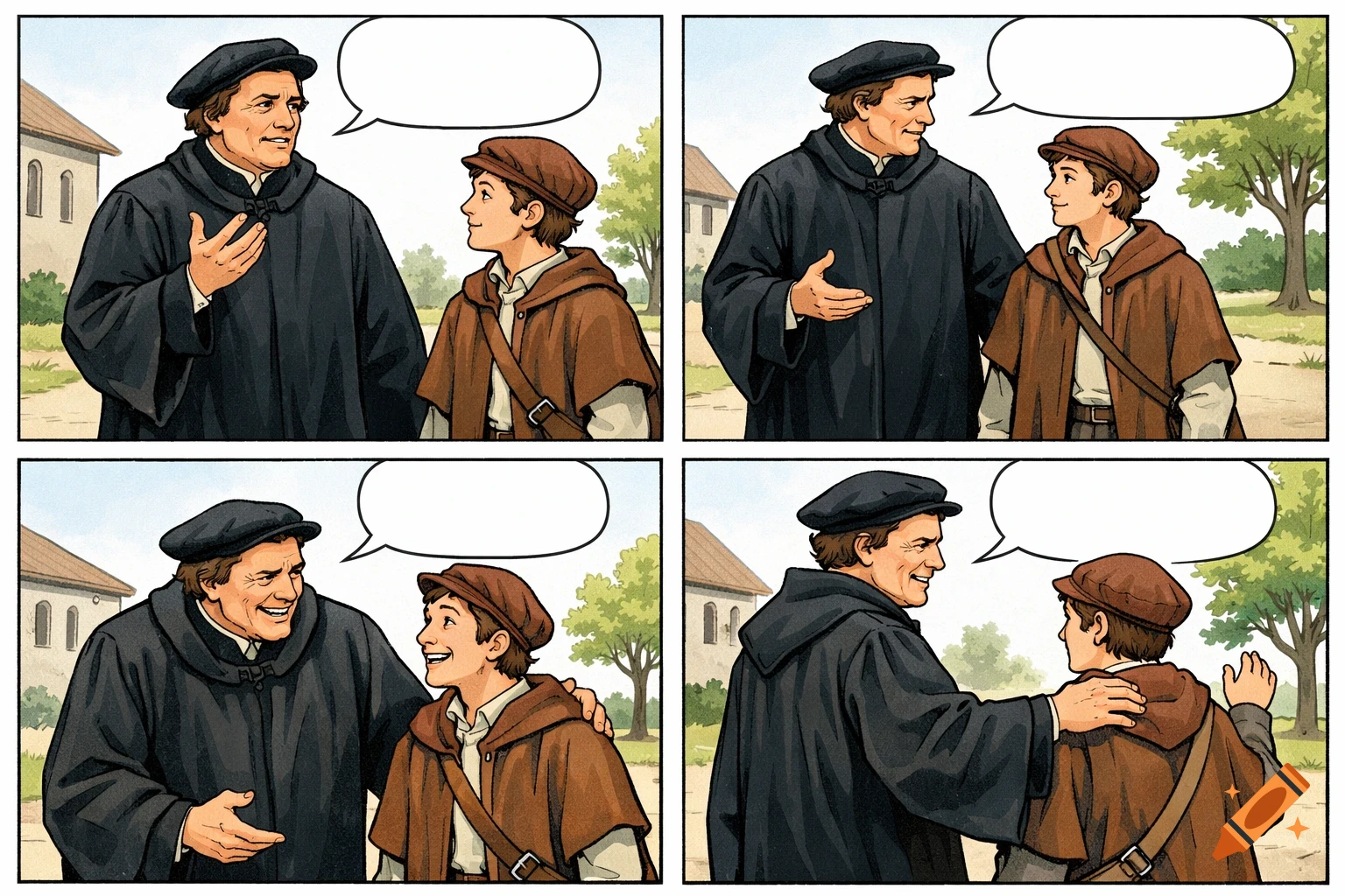 Four-panel comic of Martin Luther and a student talking in a schoolyard, with empty speech bubbles.