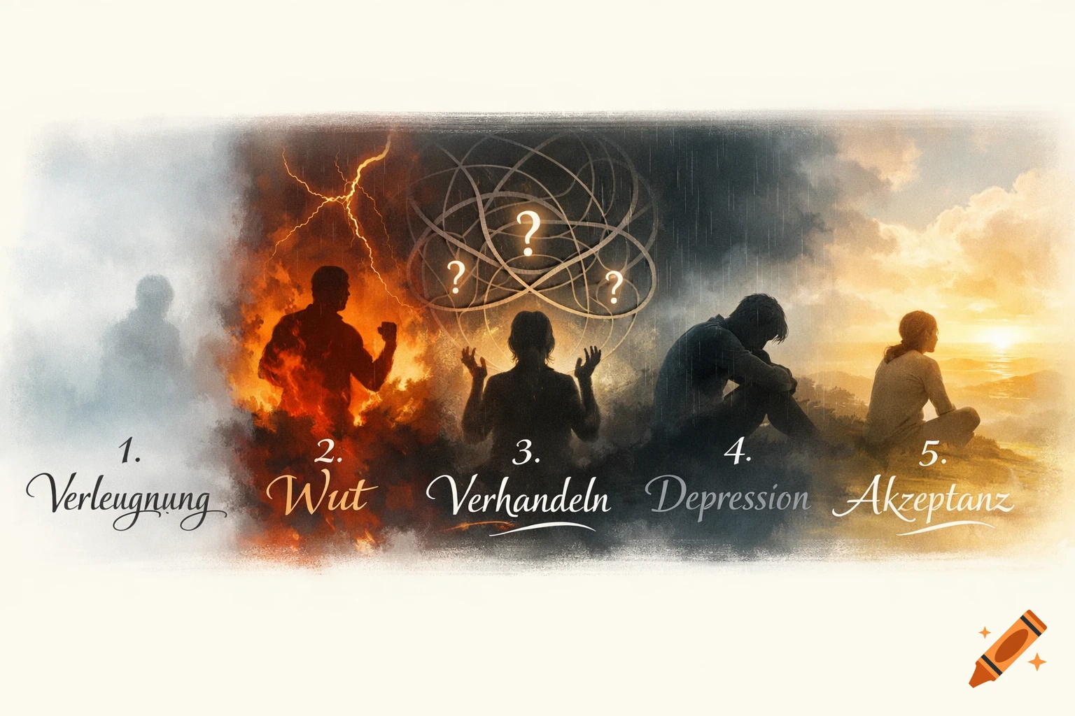 A stylized illustration depicting the five Kübler-Ross stages of grief: denial, anger, bargaining, depression, and acceptance, each with a corresponding figure and German text.