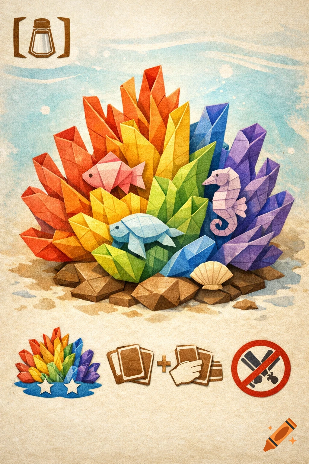 An intricate origami illustration of rainbow-colored coral, featuring a pink fish, blue turtle, and purple seahorse, with game-related icons on a sandy background.