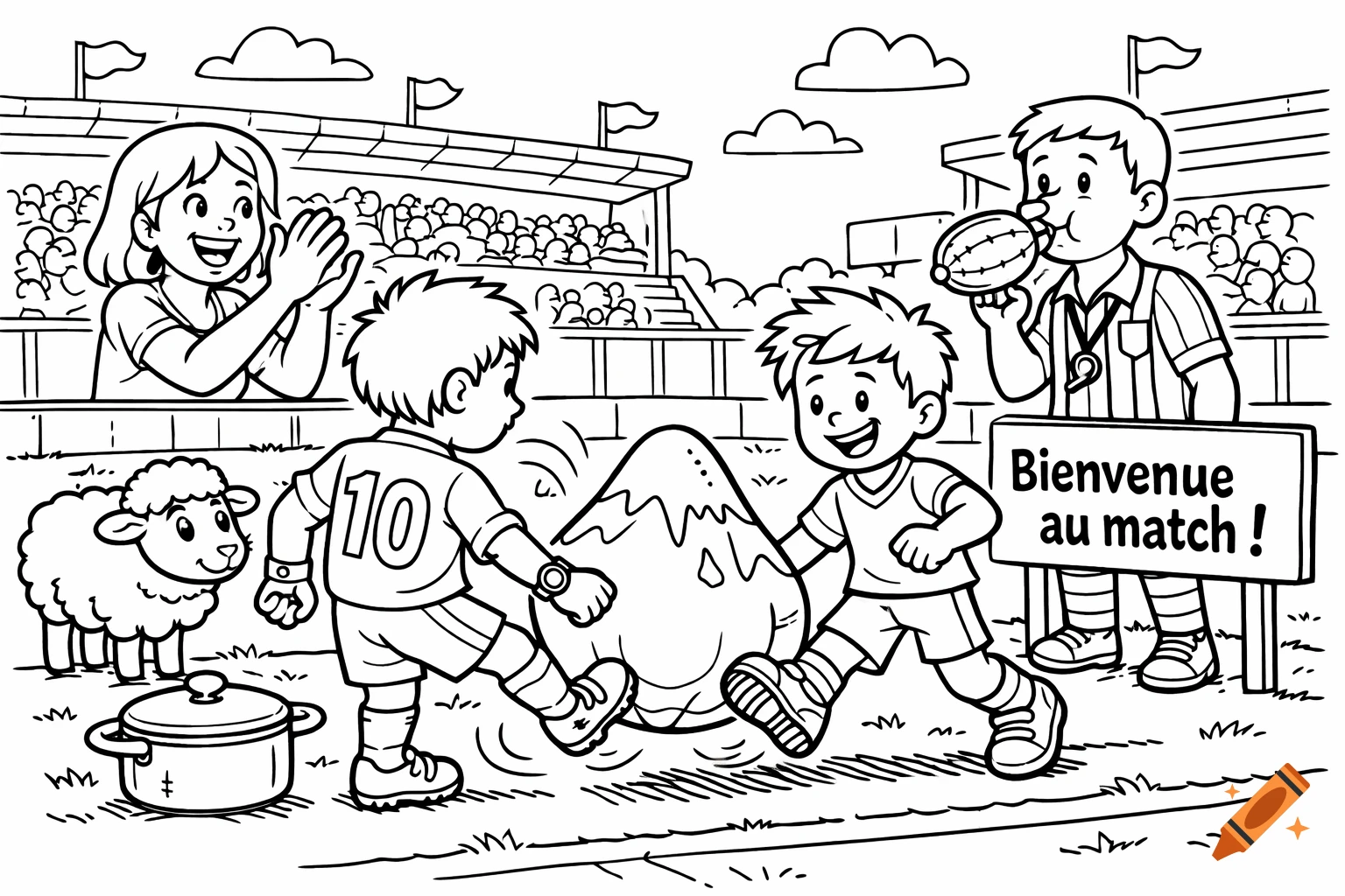 Black and white coloring page of children playing soccer with a mountain-shaped ball, a cheering woman, a referee, a sheep, and a sign saying "Bienvenue au match!"