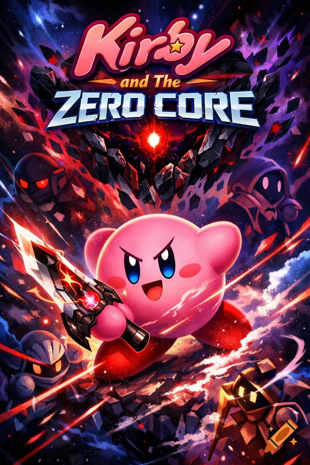 Kirby, holding a glowing sword, fiercely battles enemies in a cosmic, action-packed video game poster for 'Kirby and The Zero Core'.
