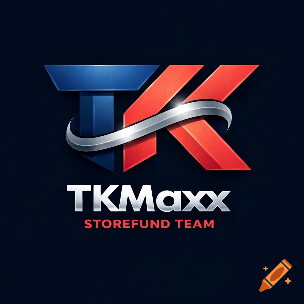 A 3D logo featuring a blue 'T' and a red 'K' intertwined with a silver metallic ribbon, with 'TKMaxx STOREFUND TEAM' text below on a dark background.