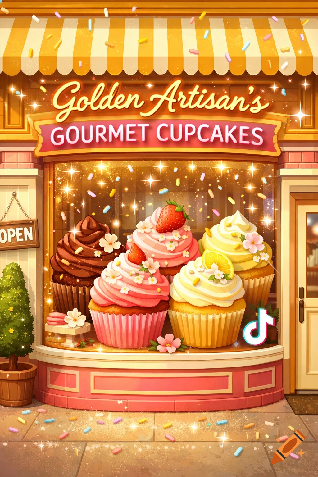 Vibrant cartoon cupcake shop storefront with 'Golden Artisan's Gourmet Cupcakes' sign, display window, sprinkles, and a TikTok logo.