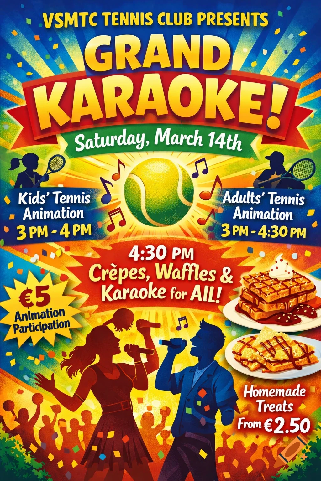 A colorful, festive poster advertising a 'Grand Karaoke' event at VSMTC Tennis Club, featuring tennis animation for kids and adults, crepes, waffles, and karaoke, with silhouettes of people singing and playing tennis.