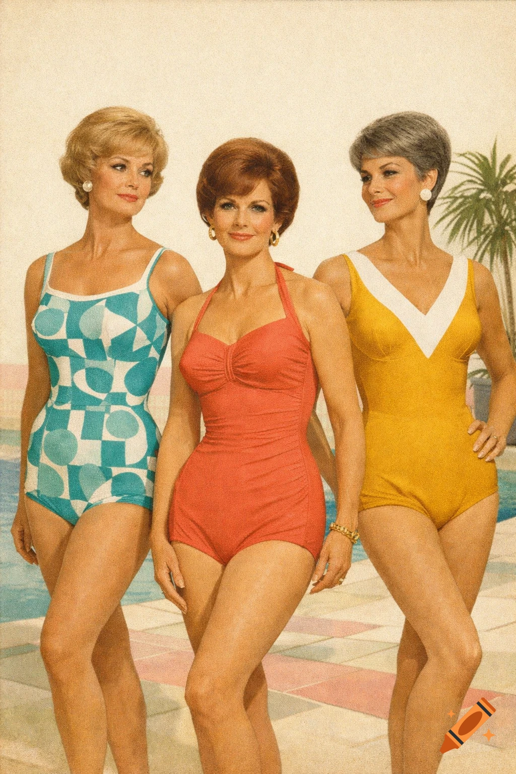 Three mature female models in vintage one-piece swimwear standing by a pool, in the style of a 1960s catalog photo.