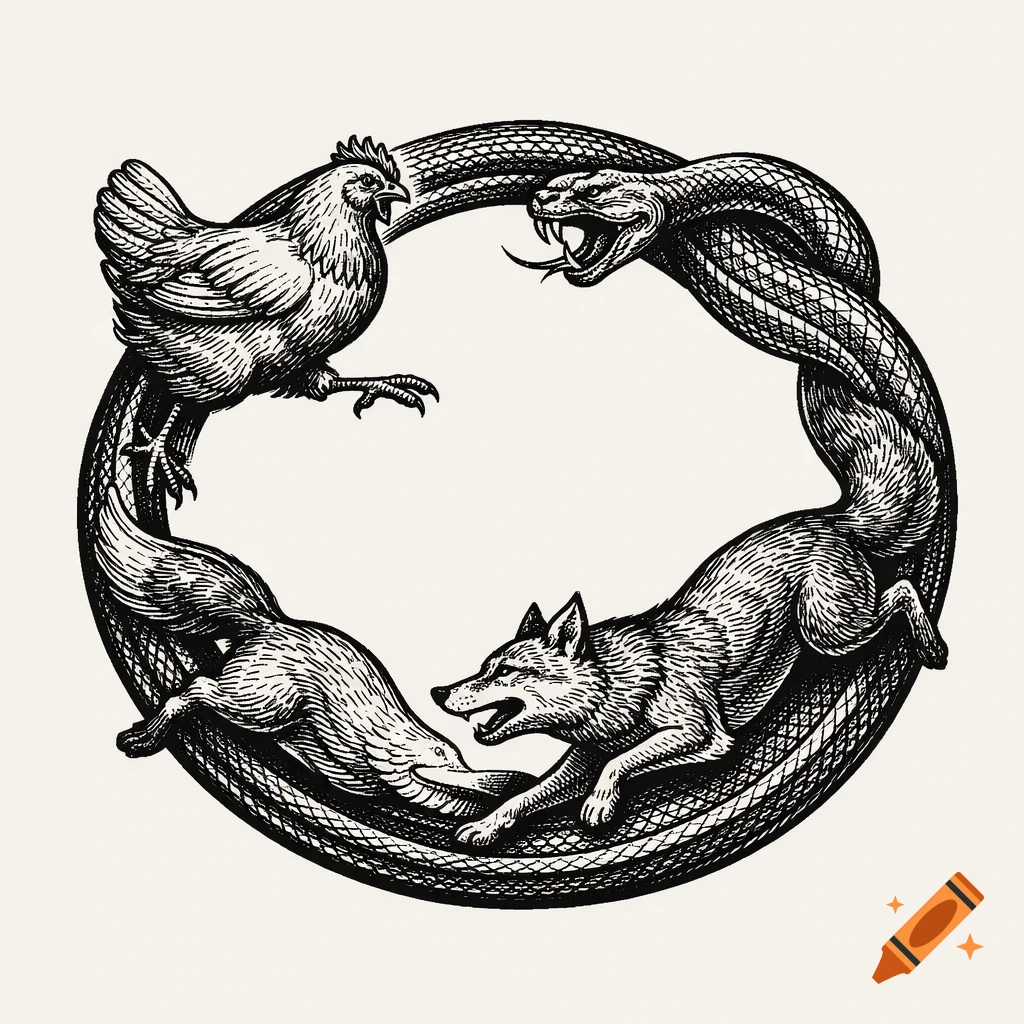 Engraving style illustration of a chicken, snake, and fox in a circular chase, forming a logo.