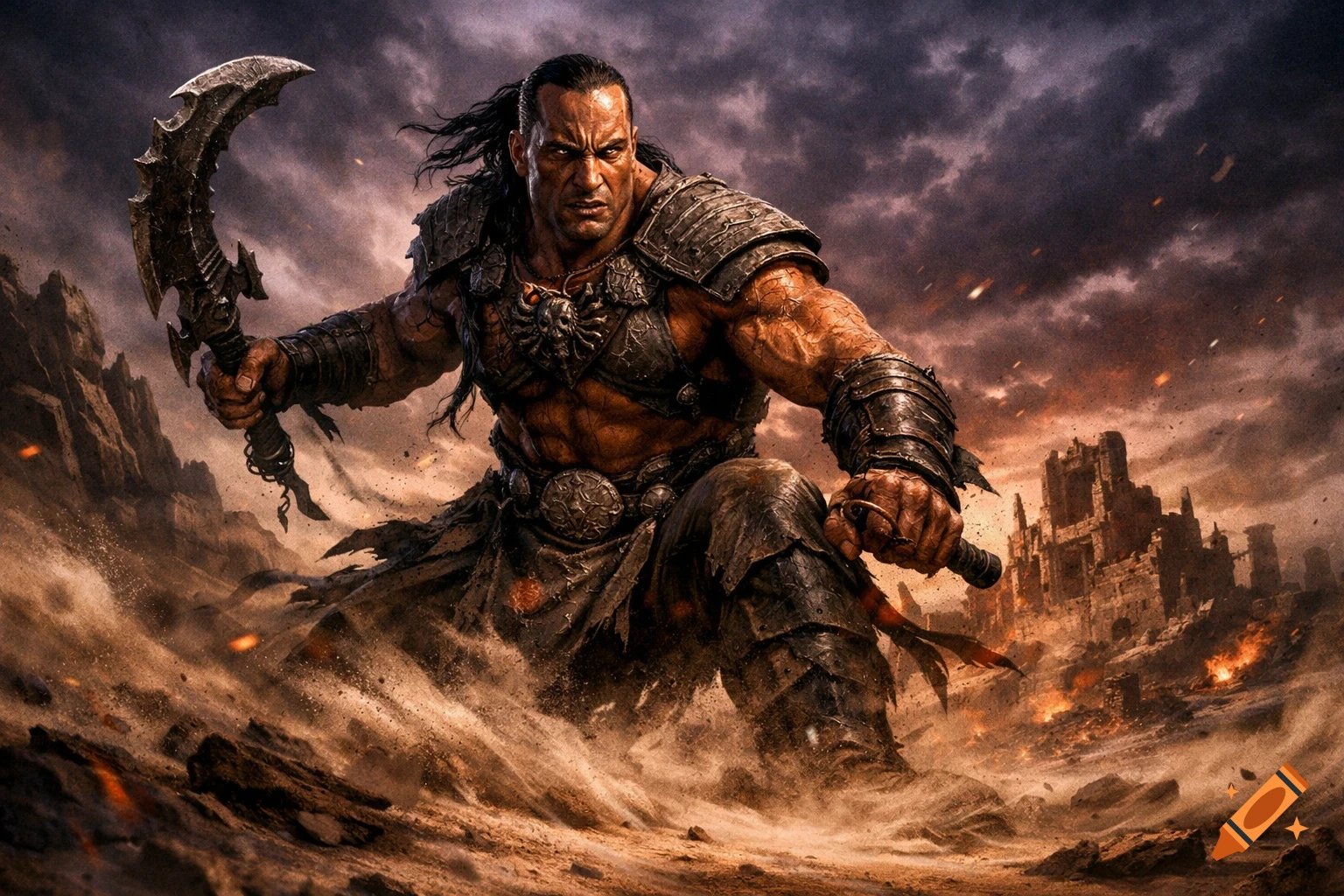 A muscular warrior in dark fantasy armor and kilt, holding a curved ...