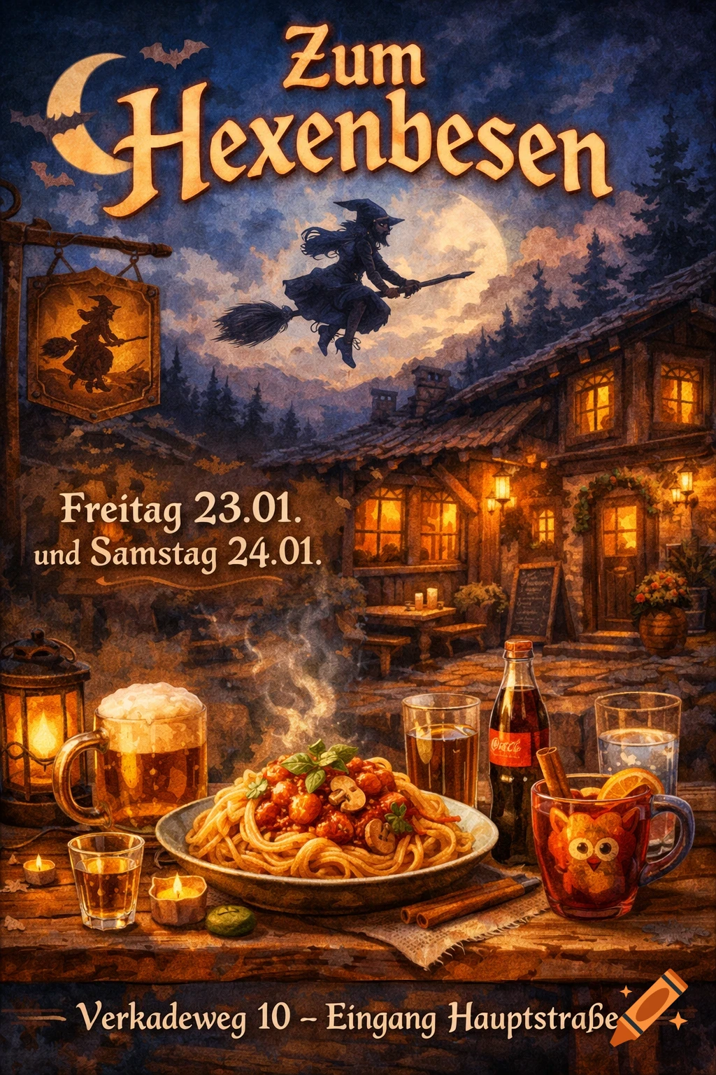A stylized night scene advertisement for 'Zum Hexenbesen' tavern, featuring a witch flying over a cozy, lit-up building and a table laden with spaghetti, beer, and other drinks.