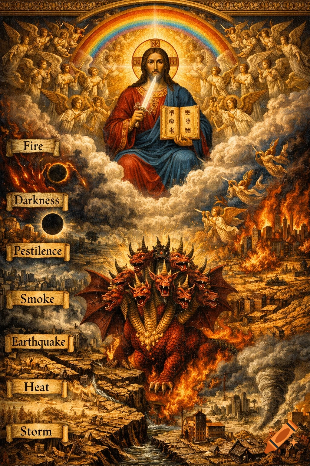 An epic Byzantine-style icon depicting the Apocalypse. Jesus sits enthroned in the heavens surrounded by angels and a rainbow. Below, a seven-headed dragon rises from a burning landscape, with labels like 'Fire' and 'Darkness' marking various plagues.