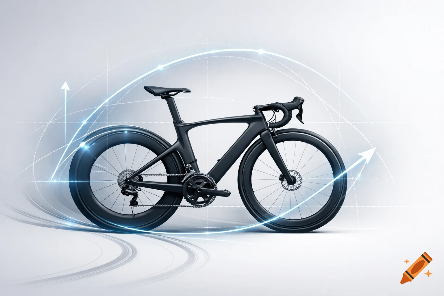 A sleek, black racing bicycle is shown in a side view against a light background with abstract blue glowing lines suggesting motion and data flow.