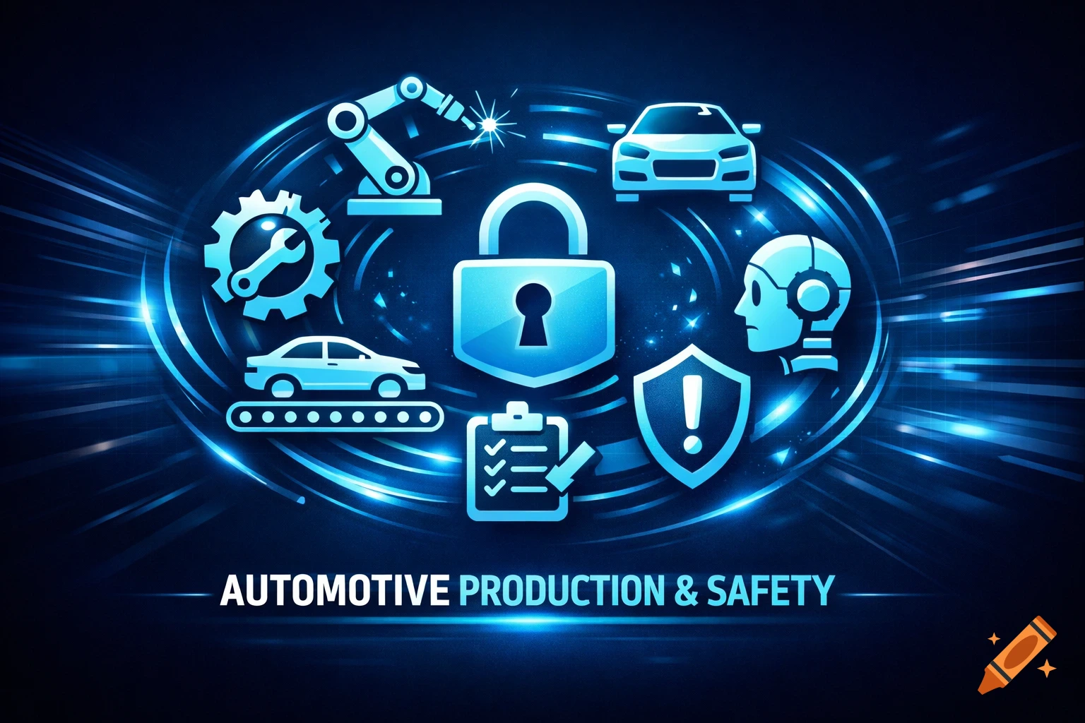 Digital illustration of automotive production and safety icons including a lock, car, robot arm, and shield, on a dynamic blue background.