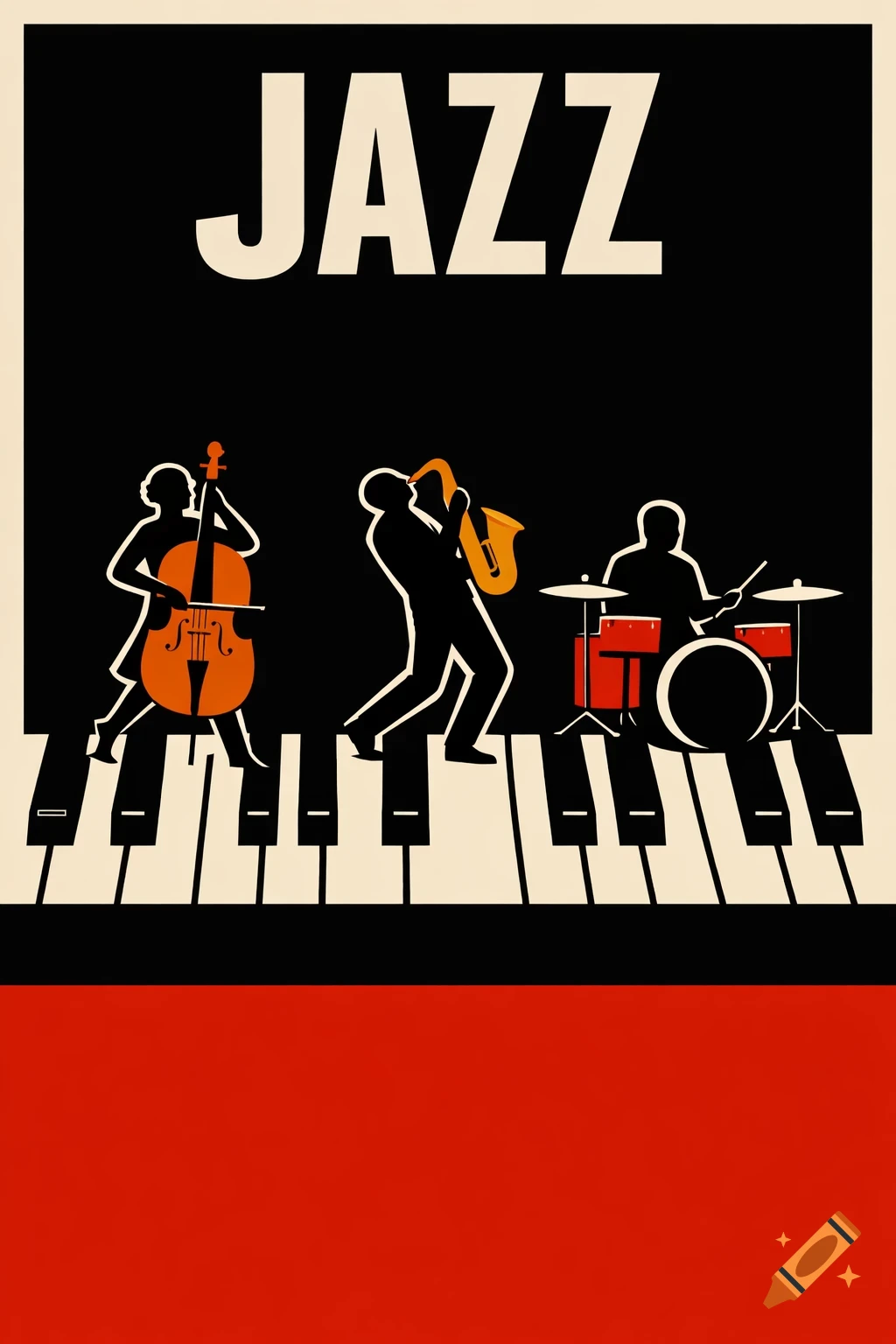 Minimalist jazz poster with 'JAZZ' text, silhouettes of musicians (cello, sax, drums) on piano keys, black and red colors.