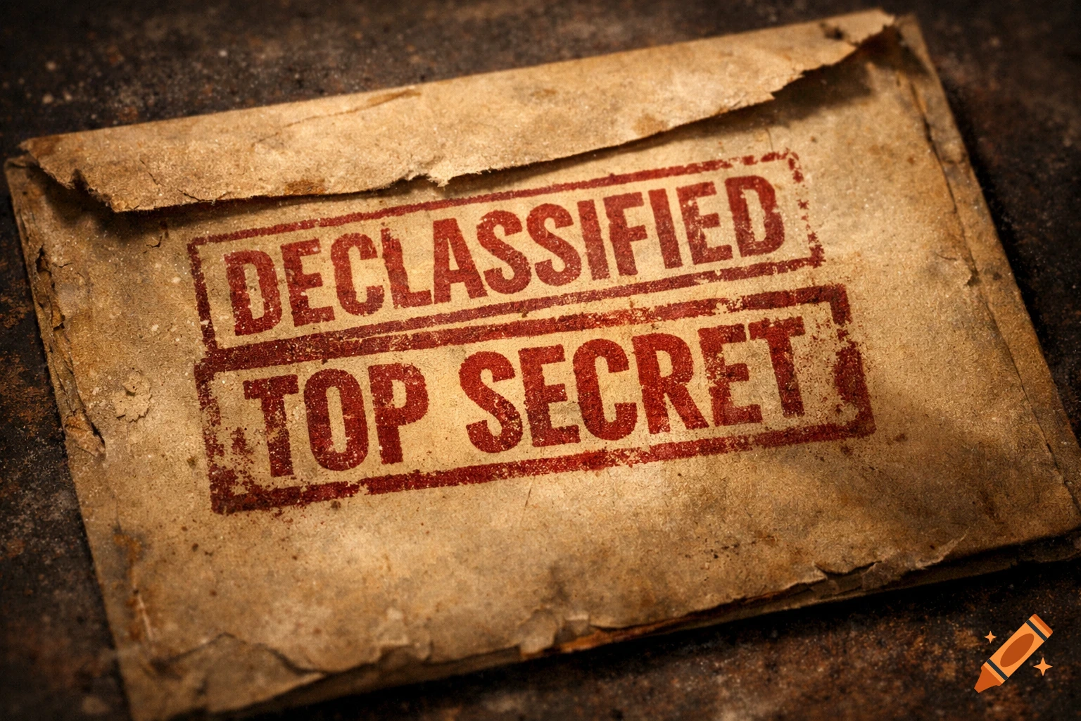 A vintage, distressed envelope stamped with red 'DECLASSIFIED' and 'TOP SECRET' text.