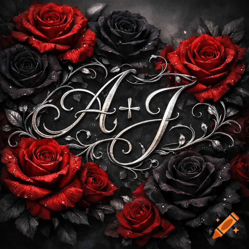 Ornate silver initials A+J surrounded by lush dark red and black roses with water droplets.